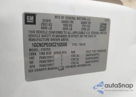 2012 Chevrolet Silverado 1500 Work Truck из США, поврежденный, VIN 1GCNCPE0XCZ162006